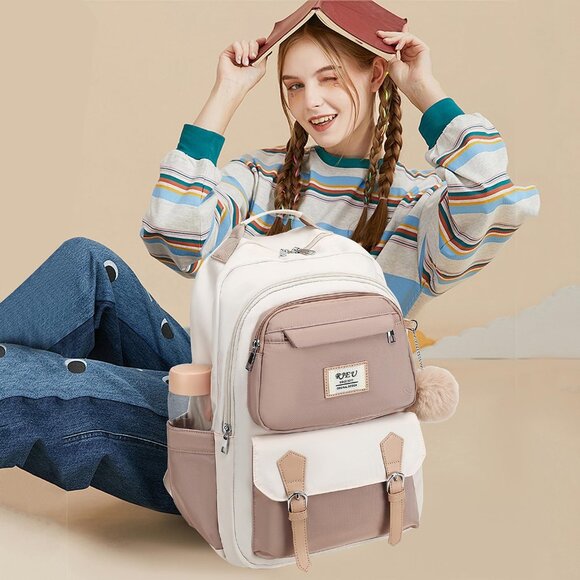 Girls Khaki Beige 15.6in Laptop Kids Backpack For Middle School College Students - Picture 3 of 7